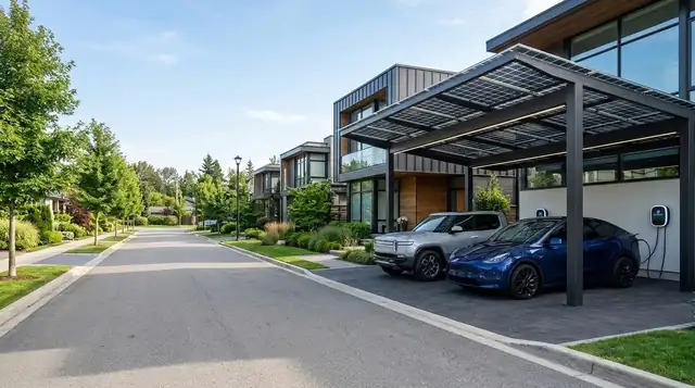 Quiet neighborhood street with EVs charging under a solar carport