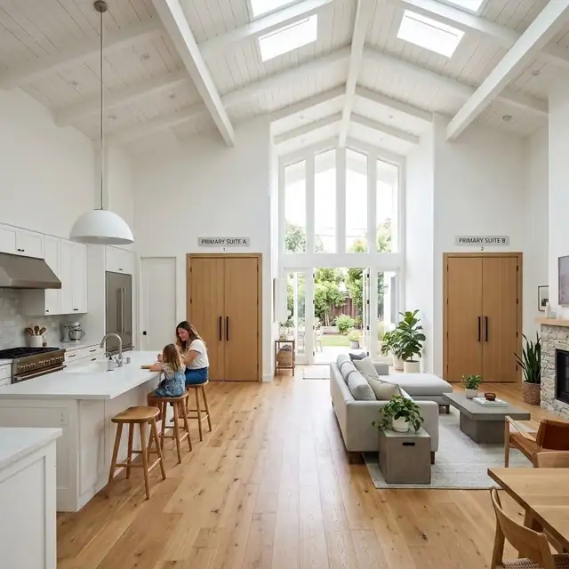 Dual-Suite Flex — twin primary suites around a central living hall